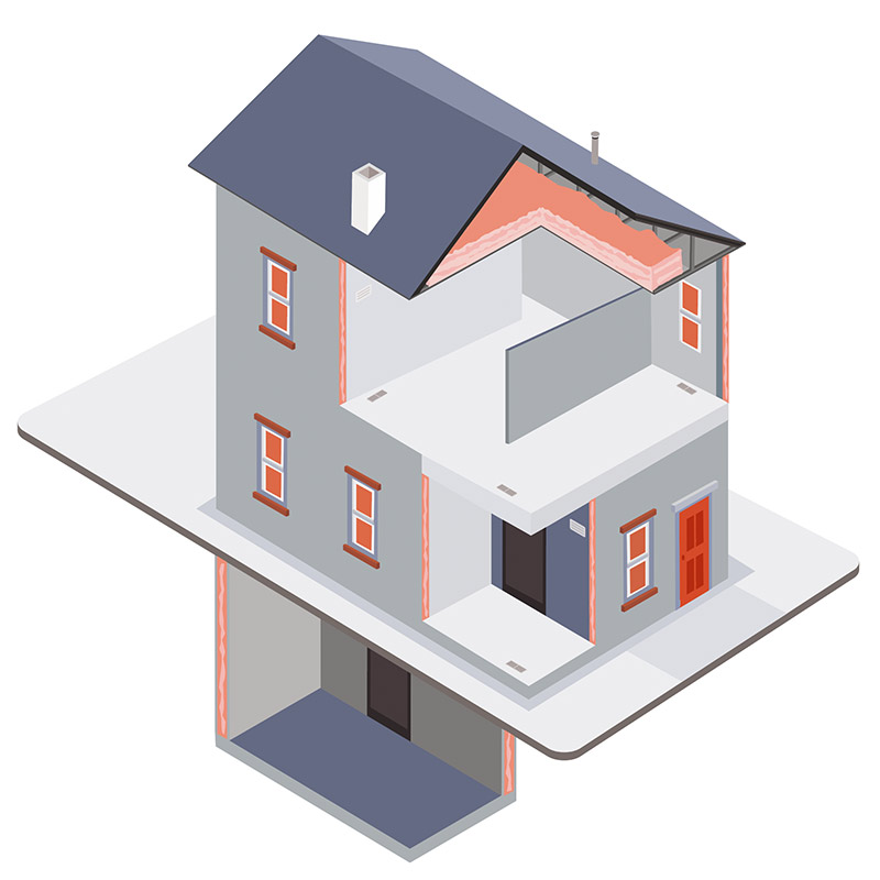 Illustration of a cross section of a house highlighting building envelope features.