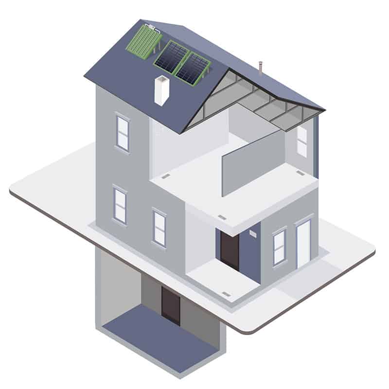 Illustration of a cross-section of a house with renewable energy features highlighted.